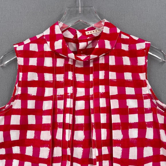 MARNI X UNIQLO Checked top Womens White Red Sleeveless Pleat Front Collared - Picture 5 of 16